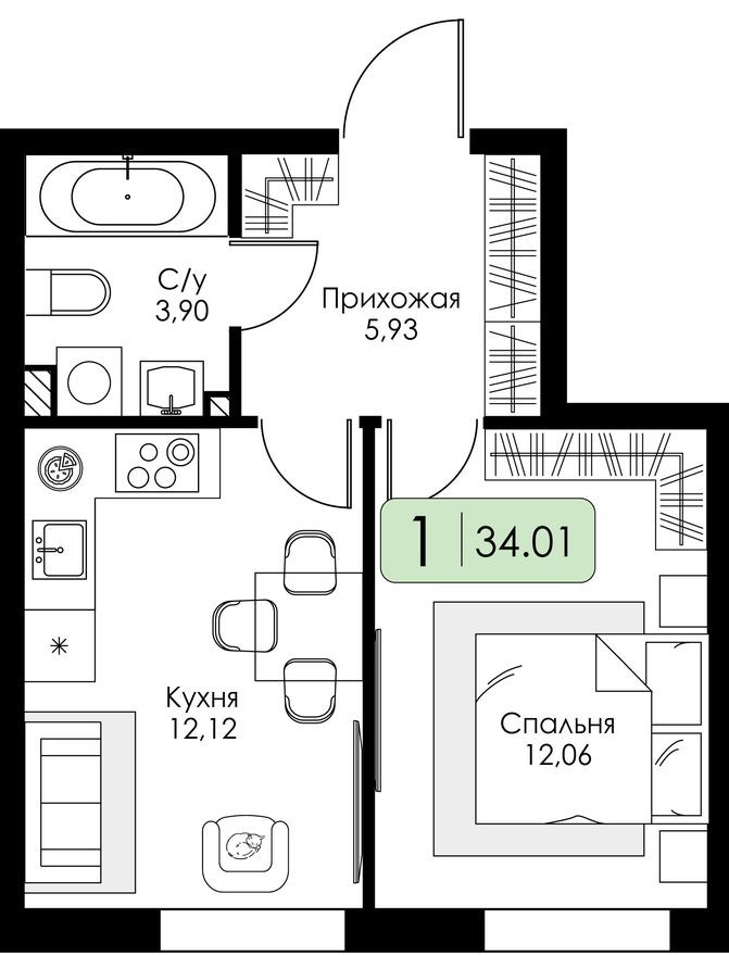 1к. квартира, 34.0 м²
