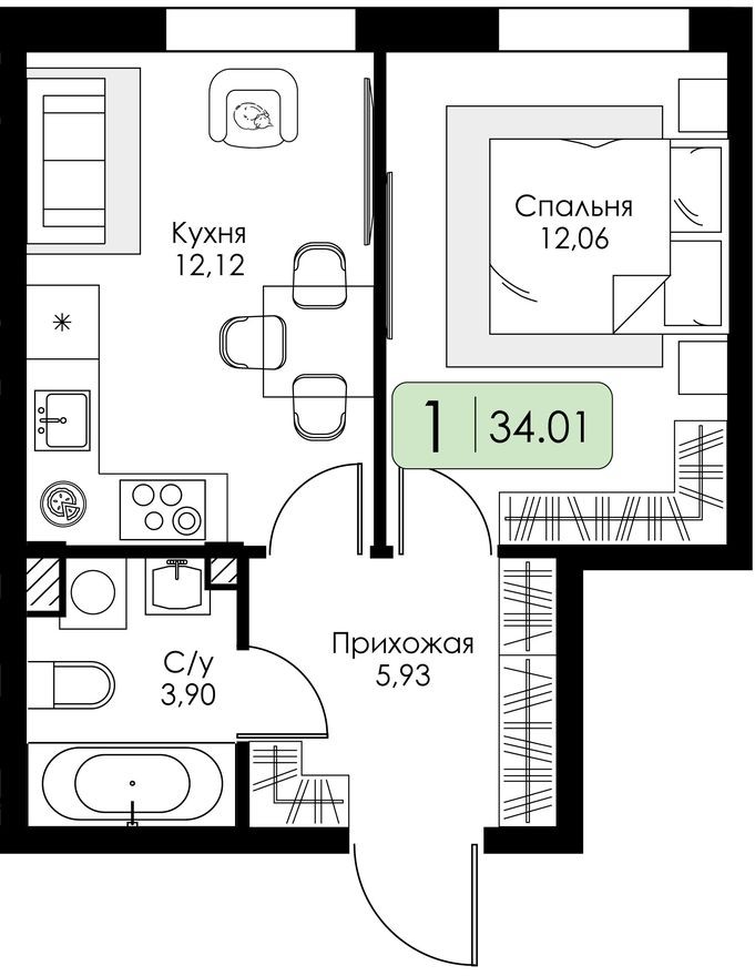 1к. квартира, 34.0 м²