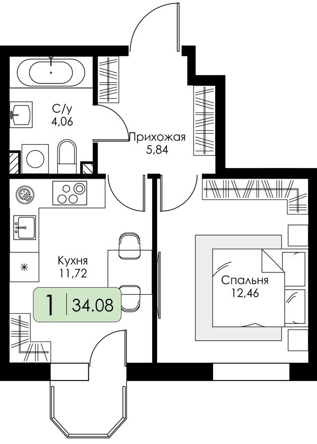 1к. квартира, 34.1 м²