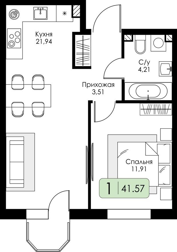 1к. квартира, 41.6 м²