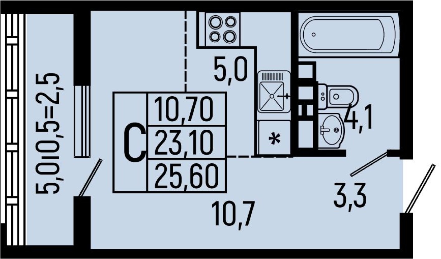 Студия-квартира, 25.6 м²