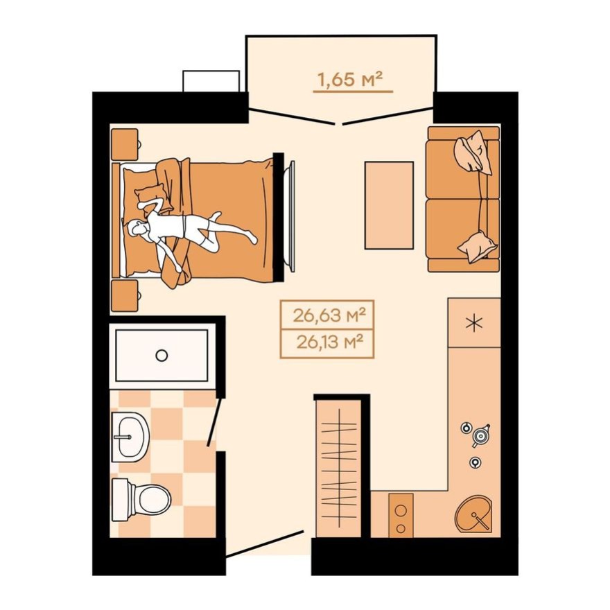 1к. квартира, 26.6 м²