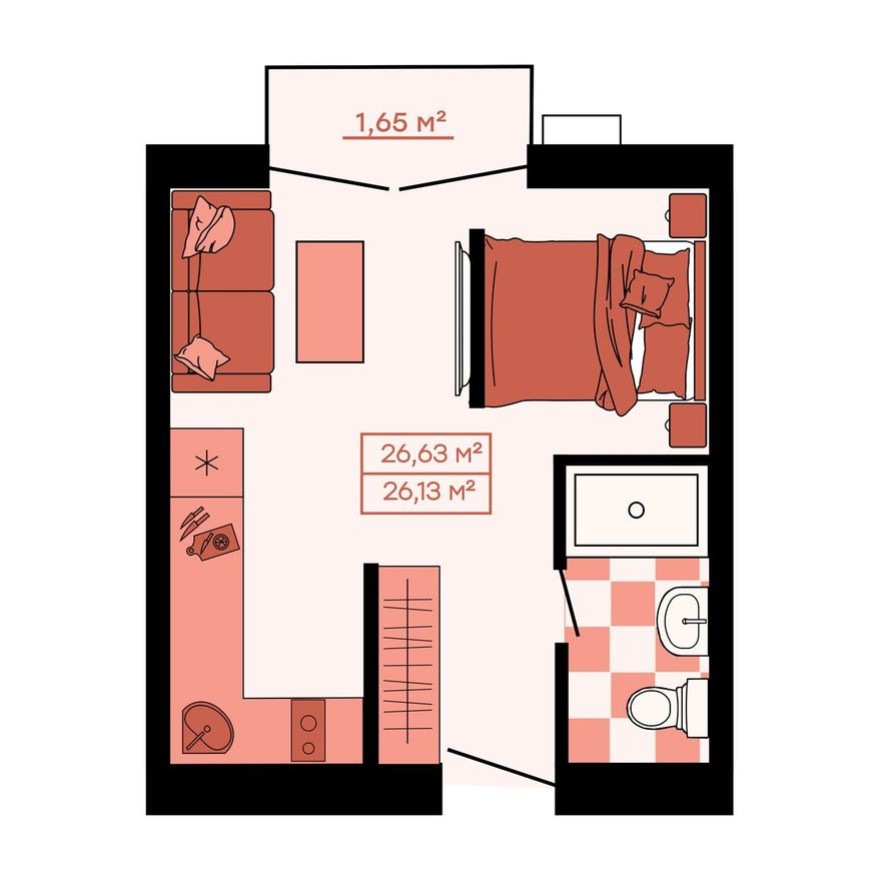 1к. квартира, 26.6 м²