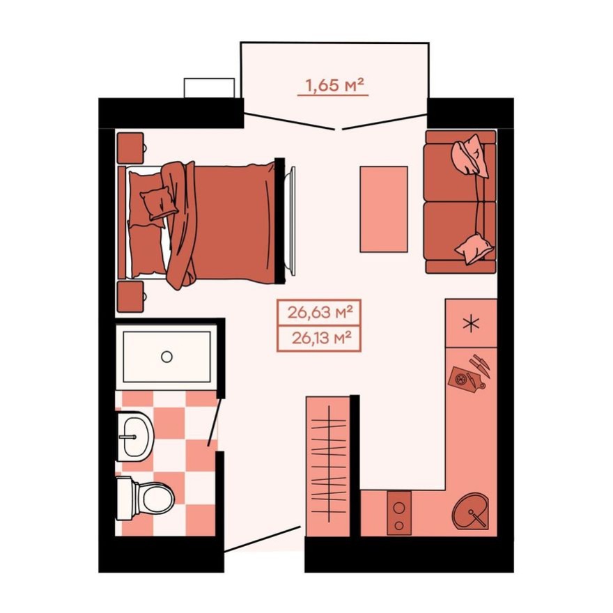 1к. квартира, 26.6 м²