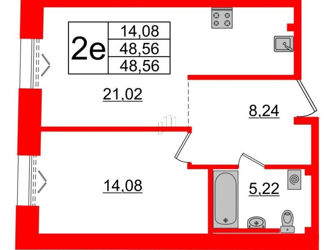 1к. квартира, 48.6 м²
