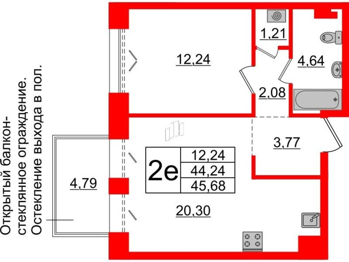 1к. квартира, 44.2 м²