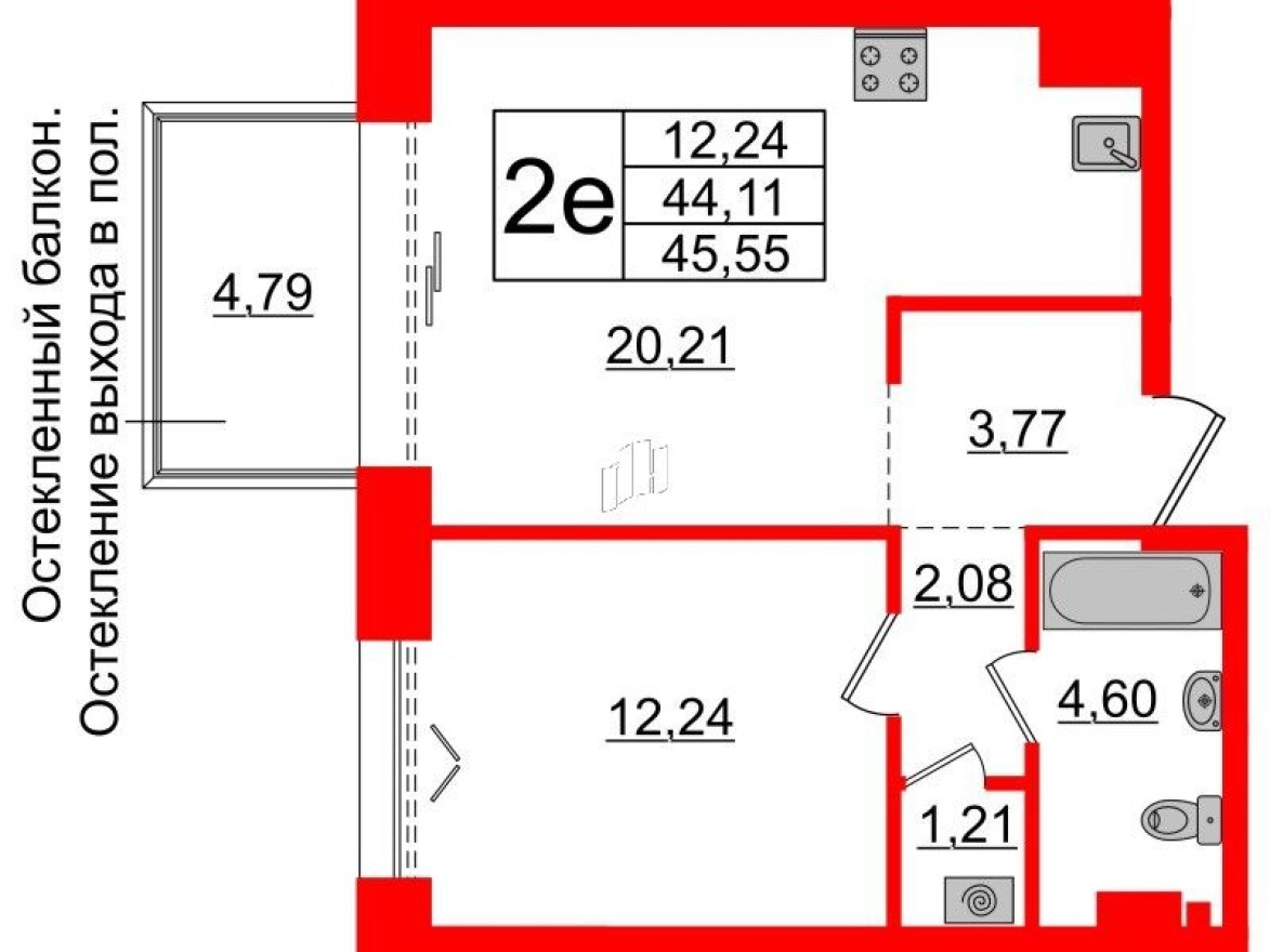 1к. квартира, 44.1 м²