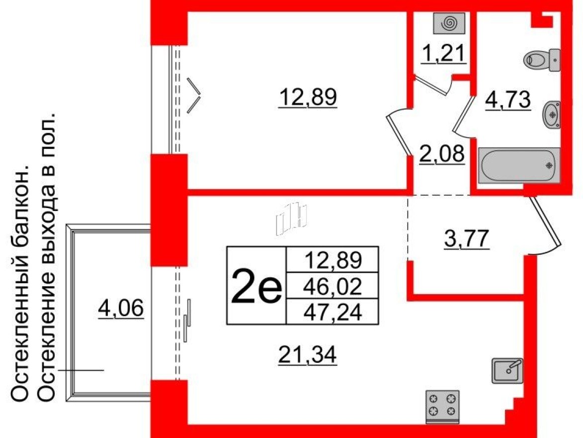 1к. квартира, 46.0 м²