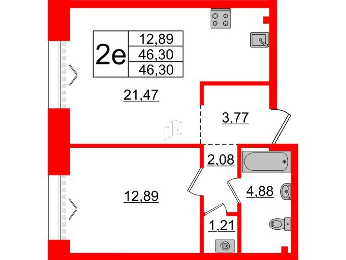 1к. квартира, 46.3 м²