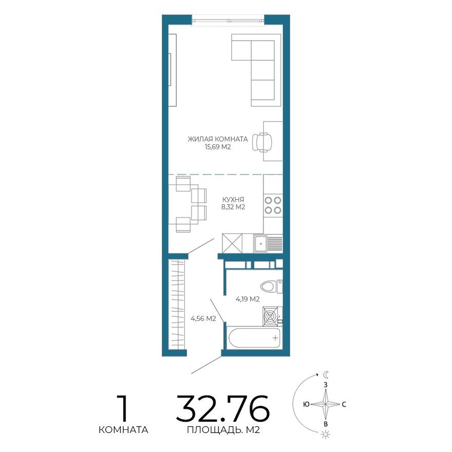 1к. квартира, 32.8 м²