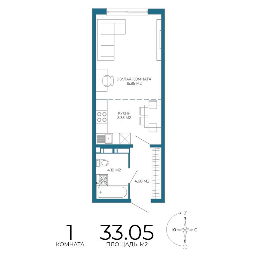 1к. квартира, 33.1 м²
