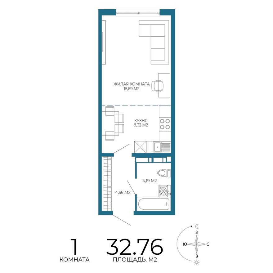 1к. квартира, 32.8 м²