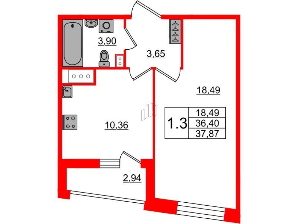 1к. квартира, 36.0 м²