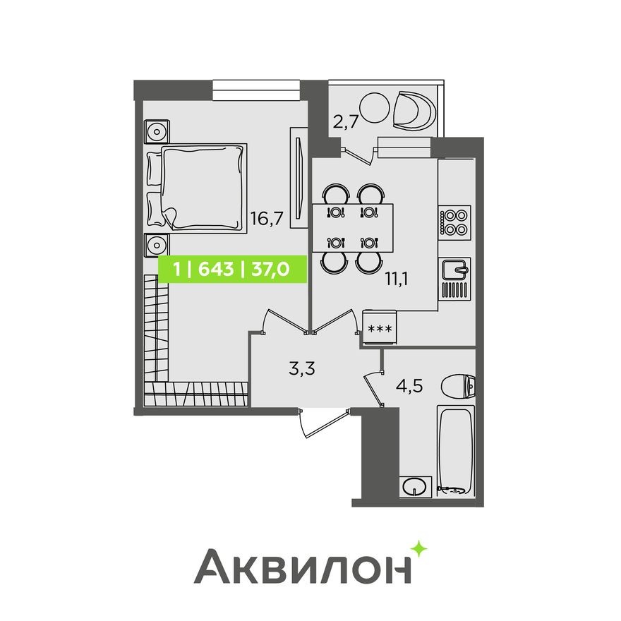 1к. квартира, 37.0 м²