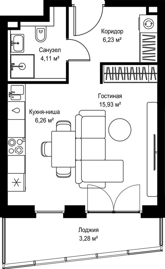 Студия-квартира, 35.8 м²