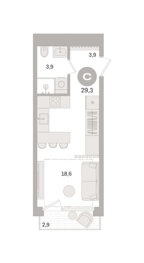 Студия-квартира, 29.3 м²