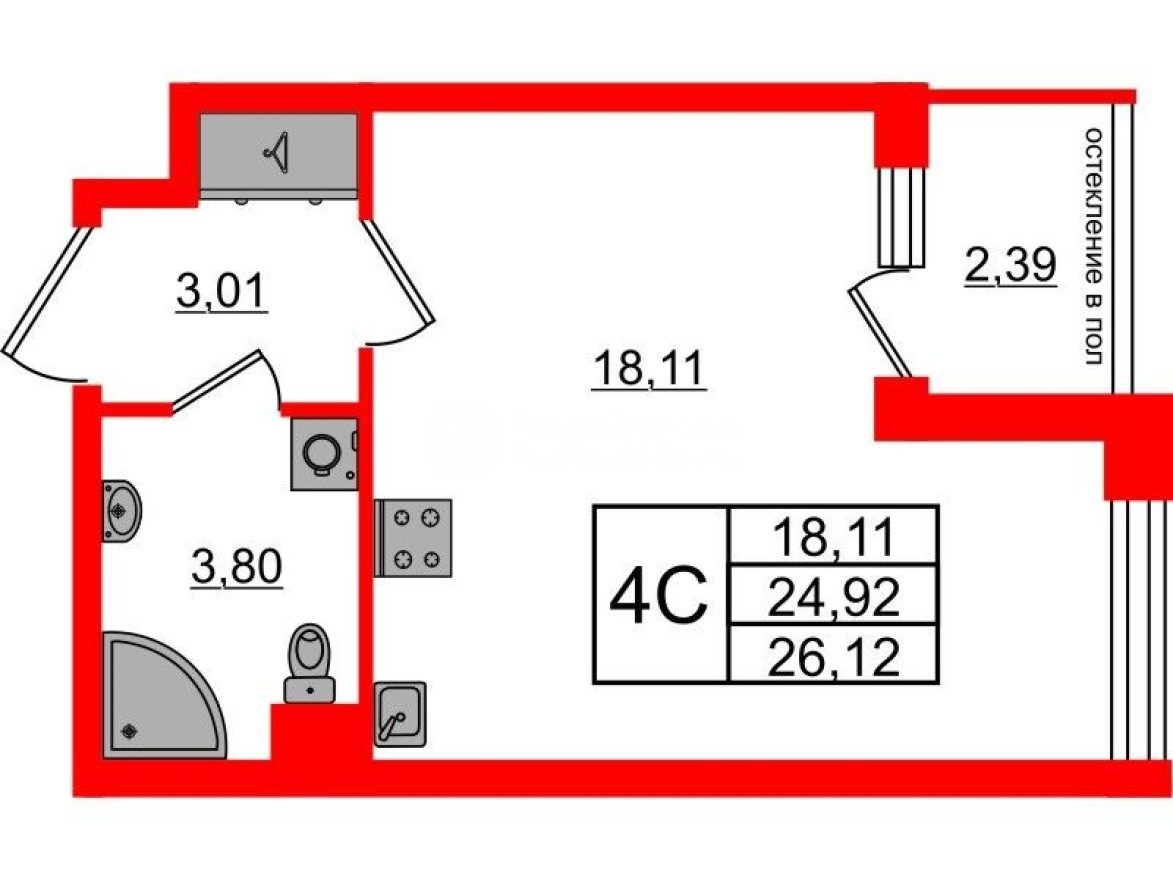 Студия-квартира, 24.9 м²
