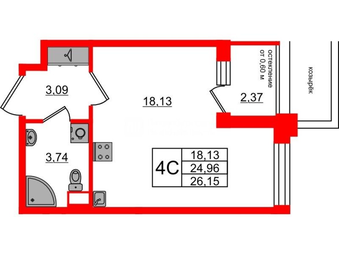 Студия-квартира, 25.0 м²