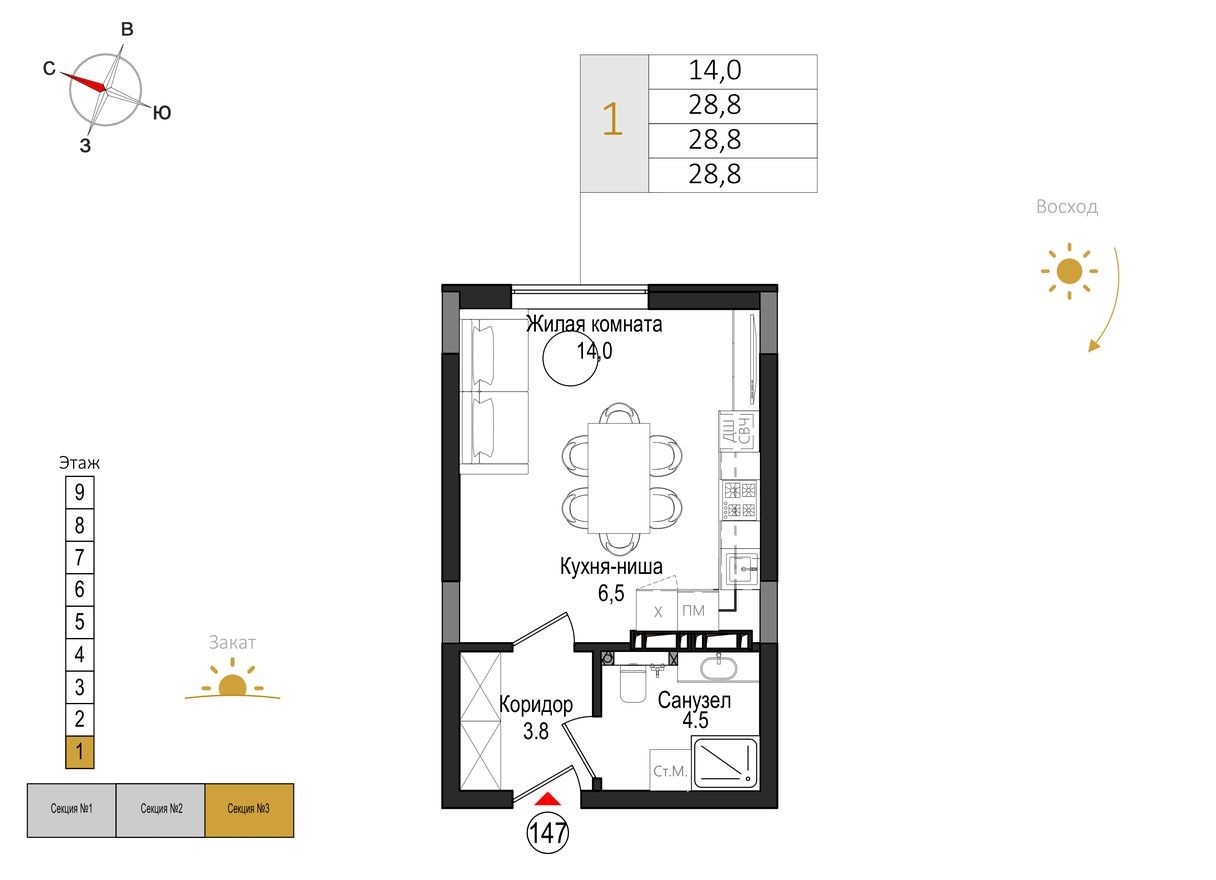 Студия-квартира, 28.8 м²