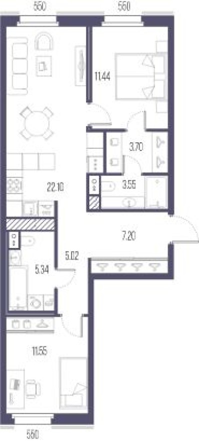Планировка — 2к. квартира, 69.9 м²