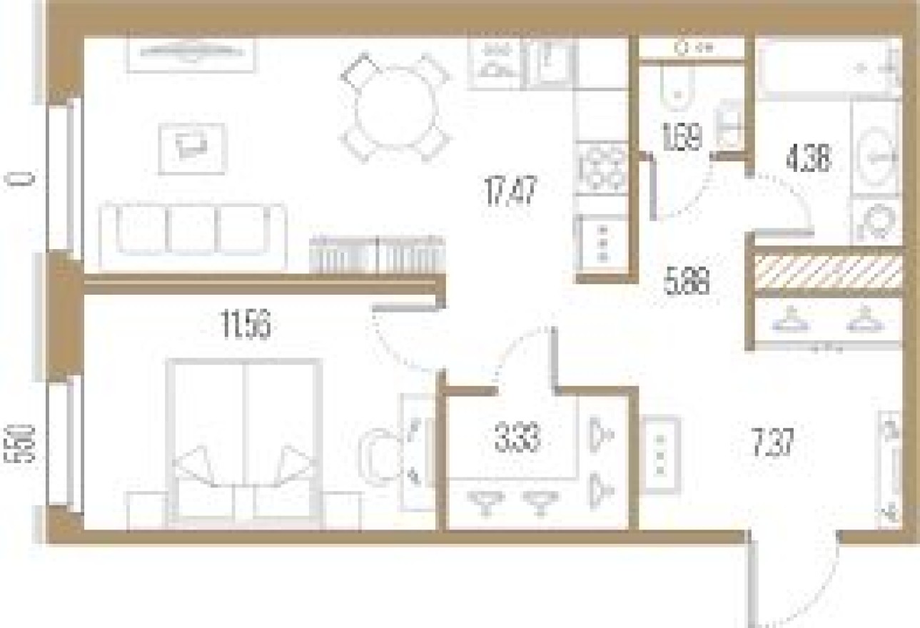 Планировка — 1к. квартира, 51.7 м²