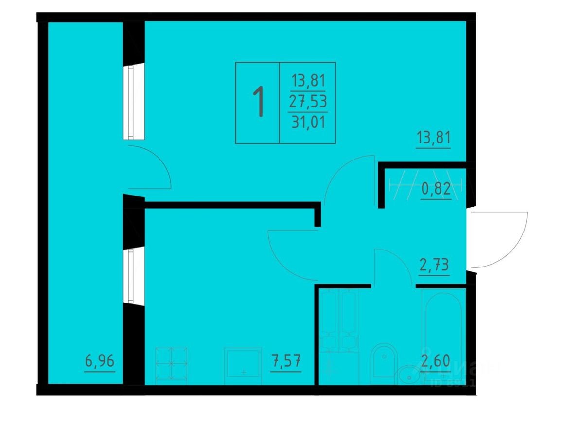1к. квартира, 31.0 м²