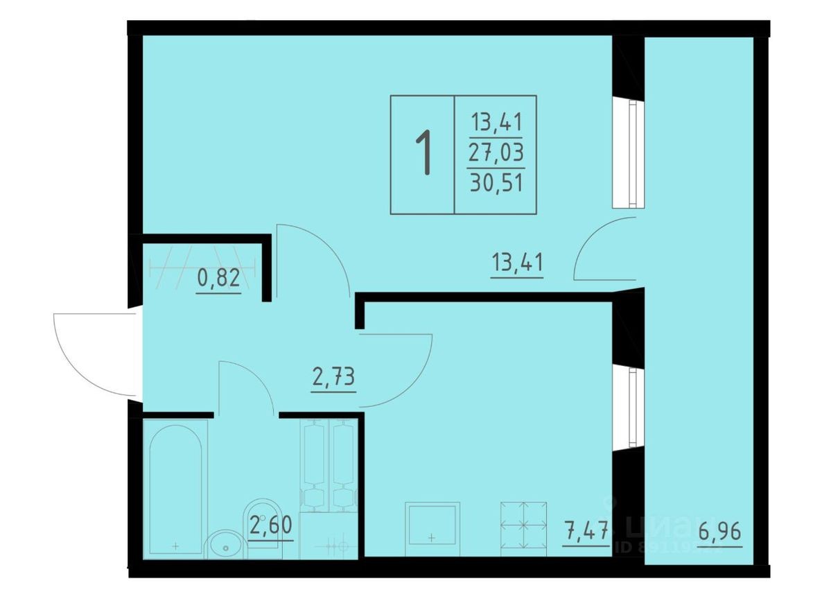 1к. квартира, 30.5 м²