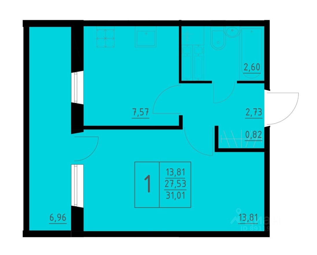 1к. квартира, 31.0 м²