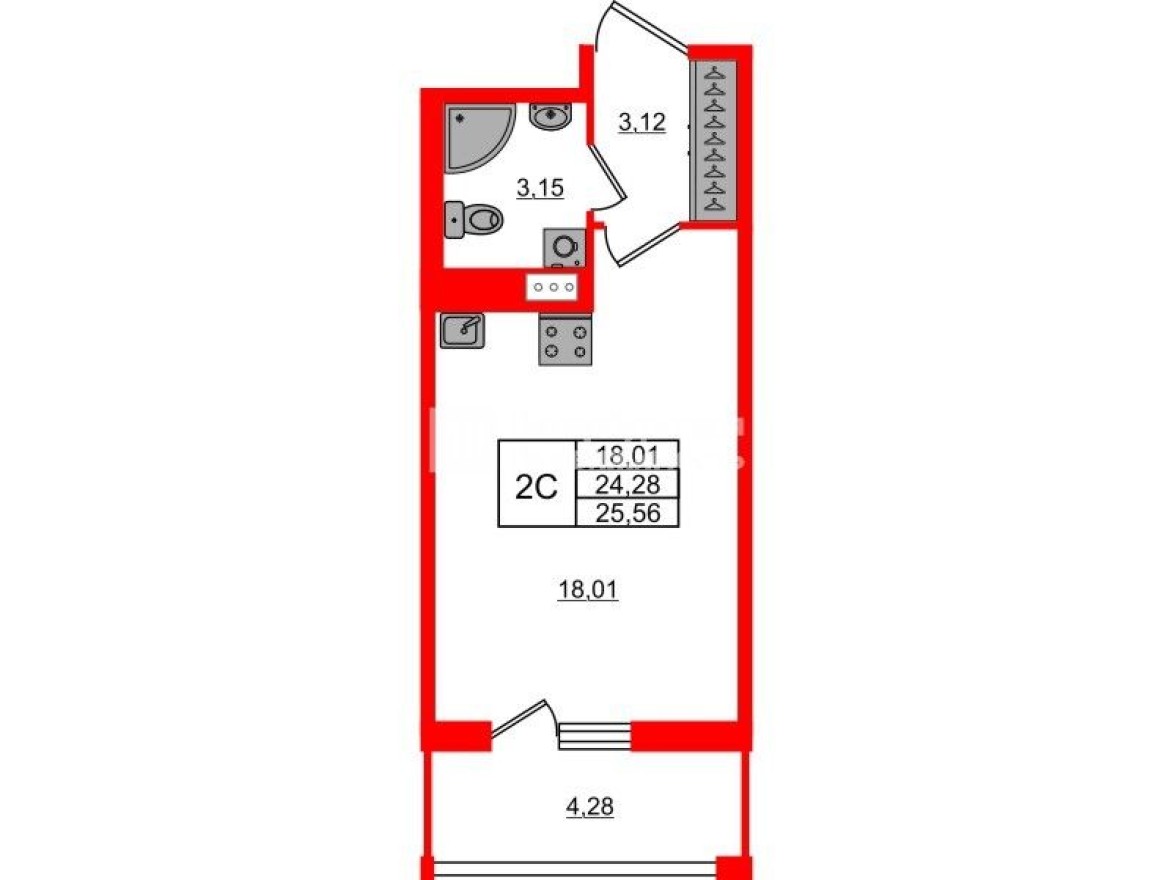 Студия-квартира, 24.3 м²