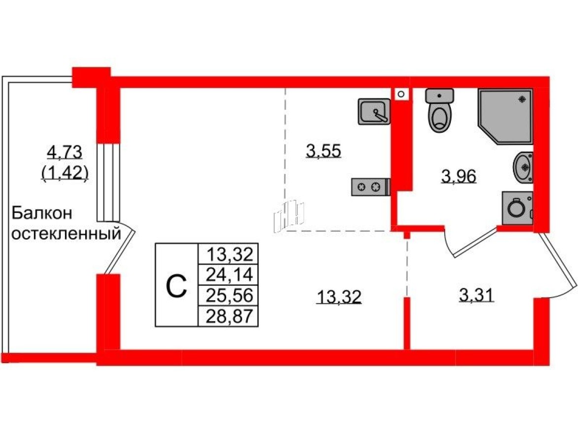Студия-квартира, 25.6 м²