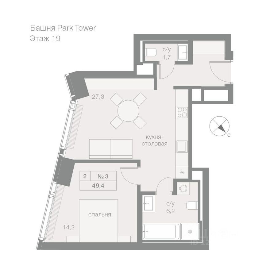 1к. квартира, 49.4 м²