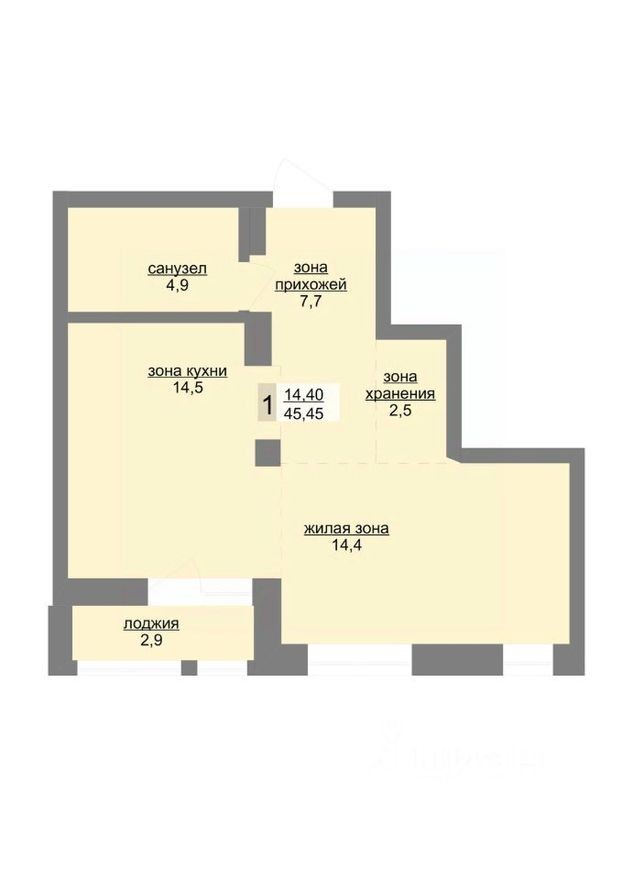 1к. квартира, 44.9 м²