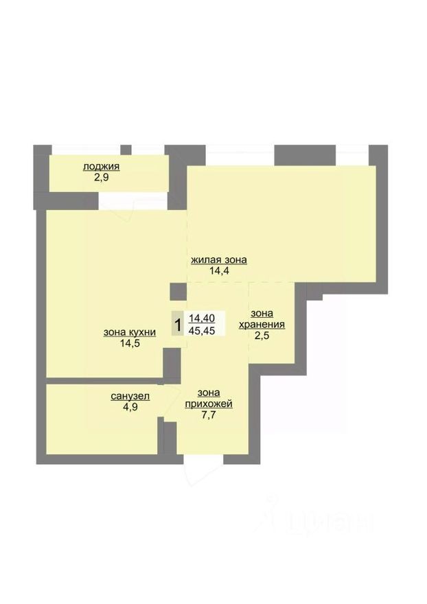 1к. квартира, 45.5 м²