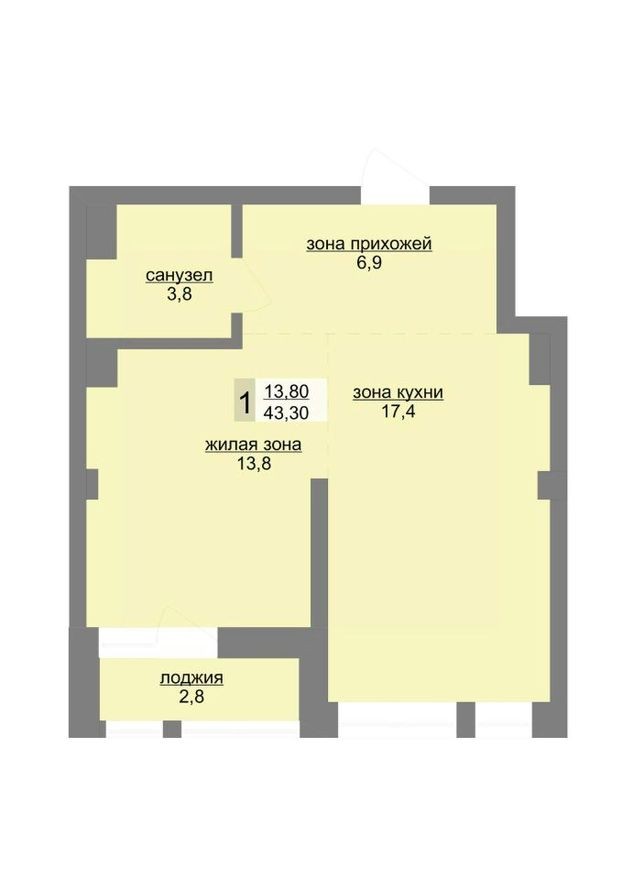 1к. квартира, 43.3 м²