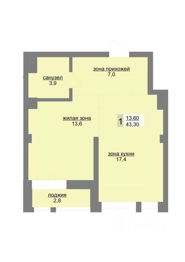 1к. квартира, 43.3 м²