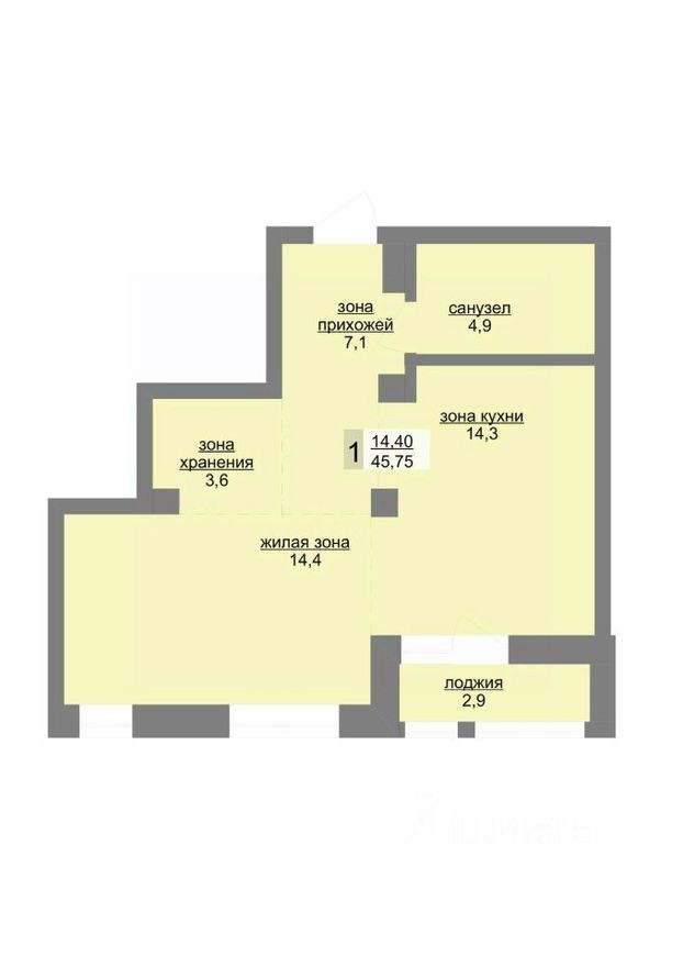 1к. квартира, 44.6 м²