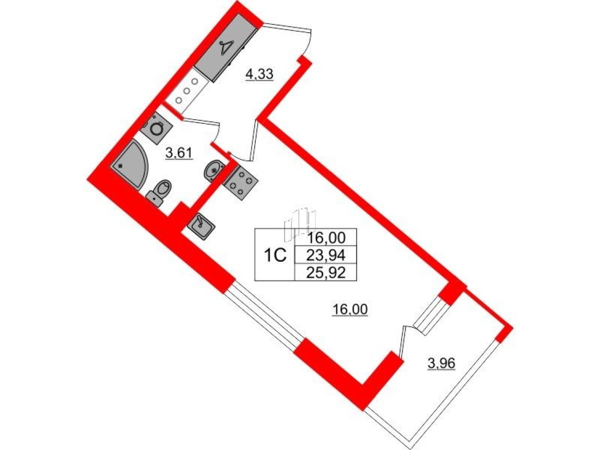 Студия-квартира, 23.9 м²