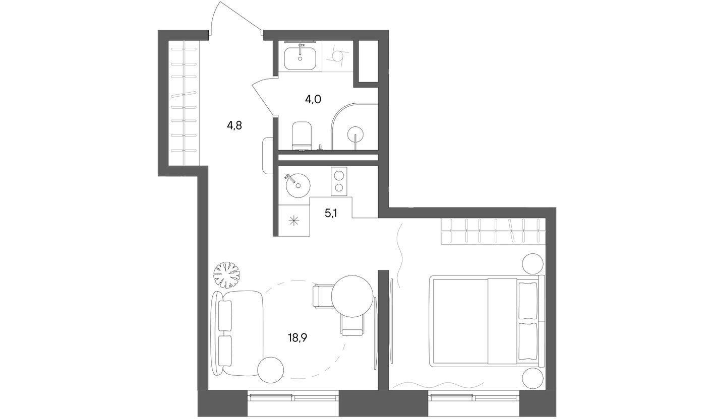 1к. квартира, 32.8 м²