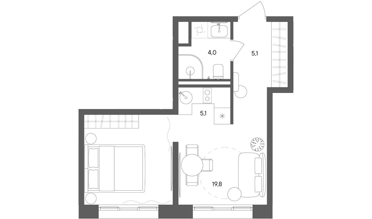 1к. квартира, 34.0 м²