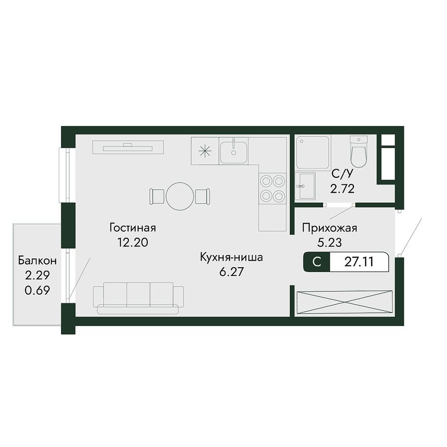Студия-квартира, 27.1 м²
