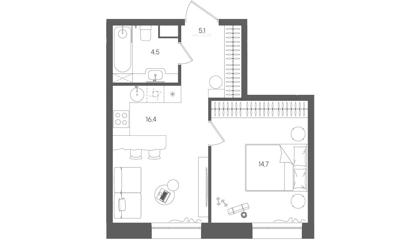 1к. квартира, 40.7 м²