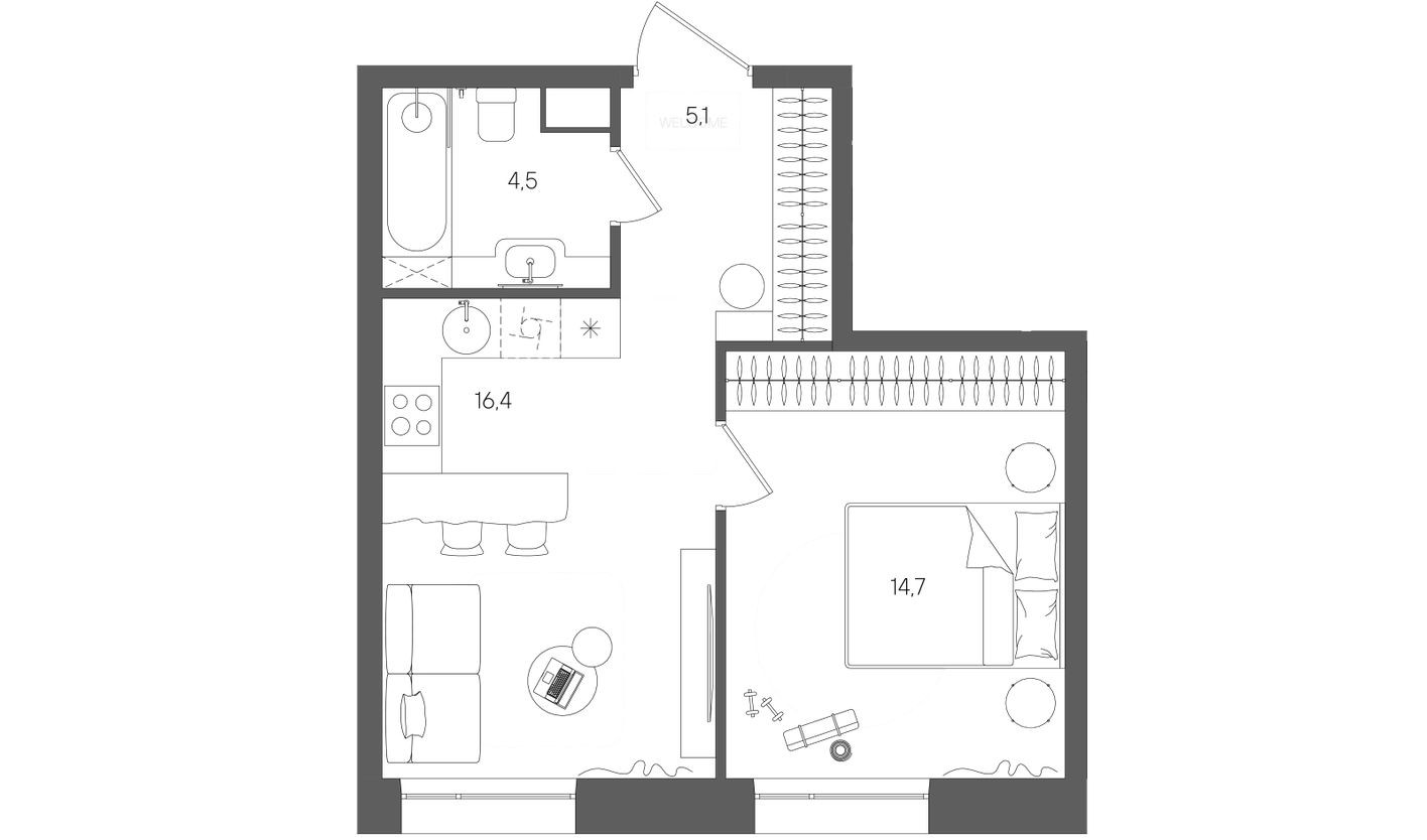 1к. квартира, 40.7 м²