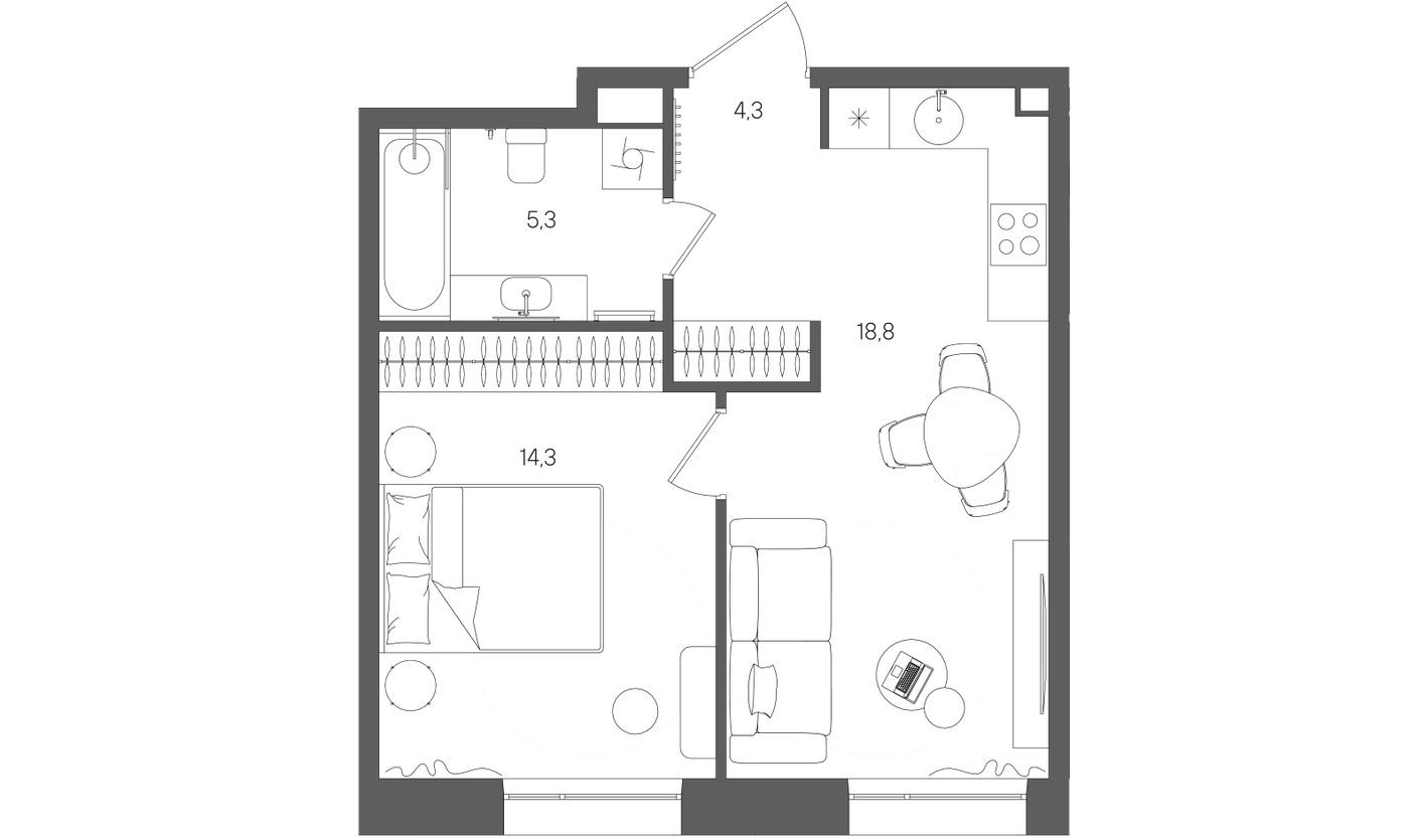 1к. квартира, 42.7 м²