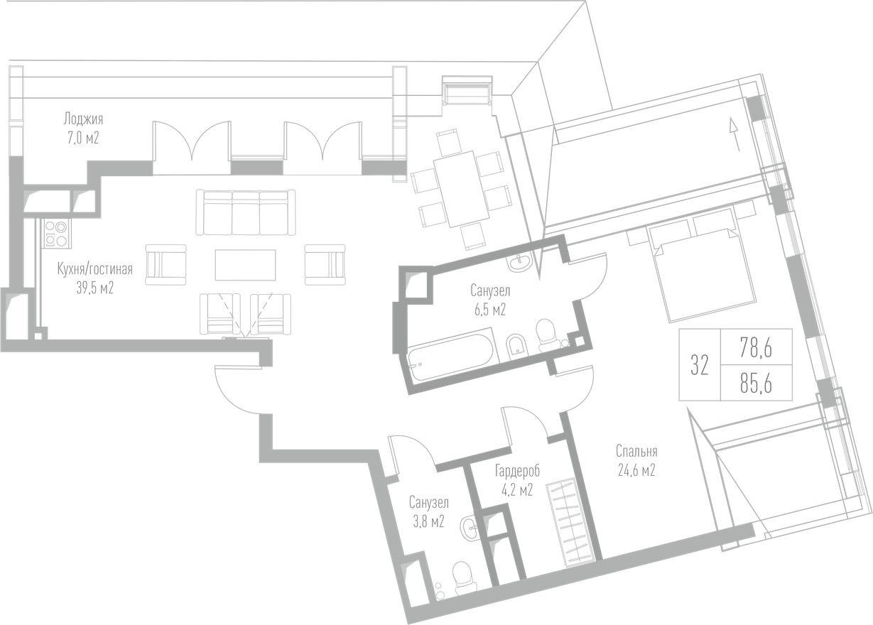 1к. квартира, 85.6 м²