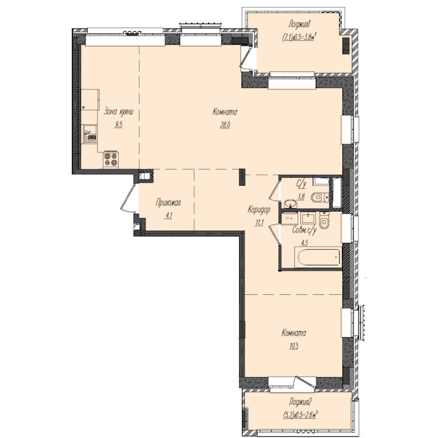 2к. апартаменты, 75.7 м²