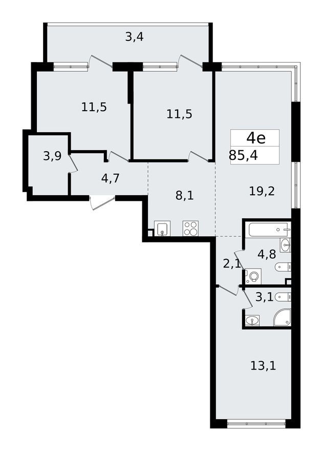 4к. квартира, 84.8 м²