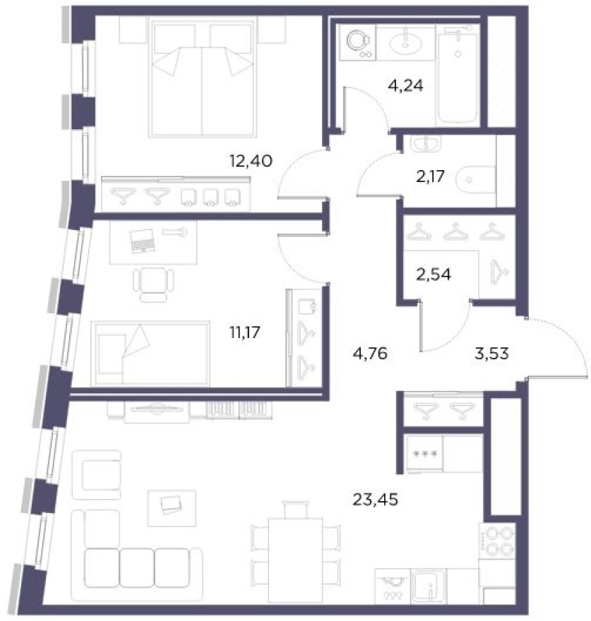 Планировка — 2к. квартира, 65.0 м²