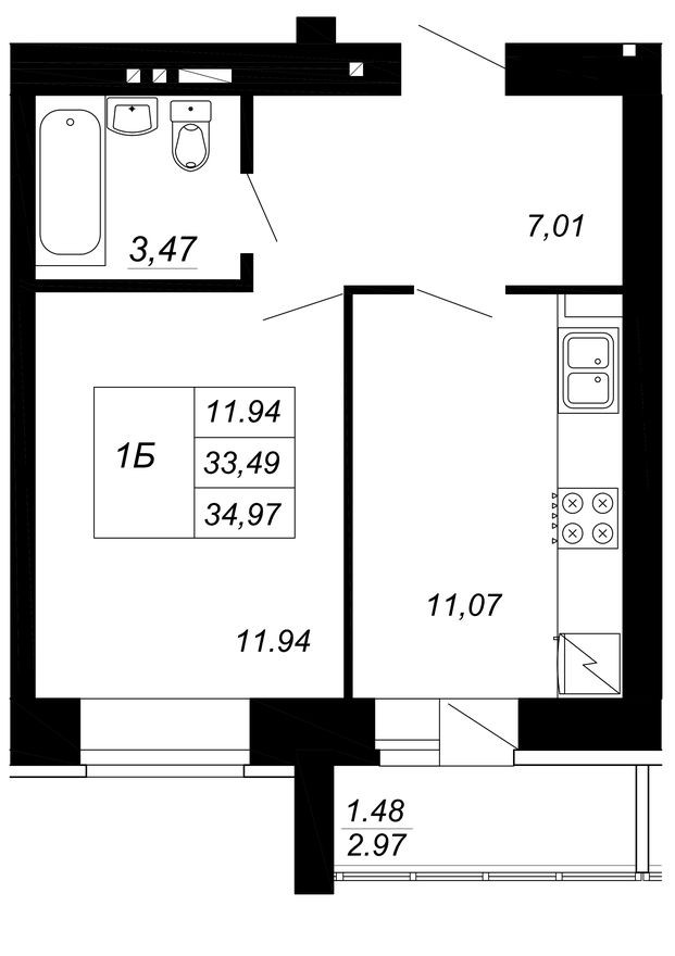 1к. квартира, 35.0 м²