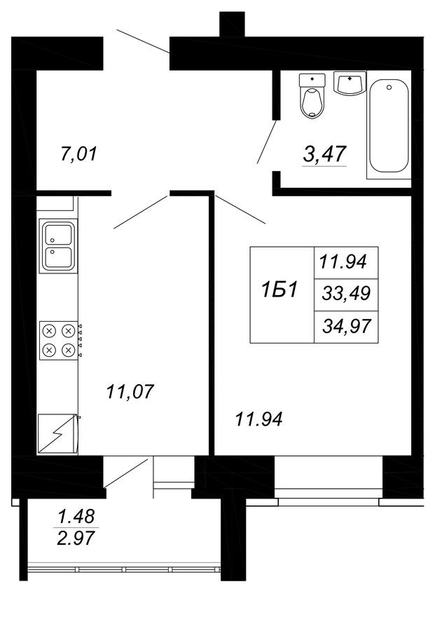 1к. квартира, 35.0 м²