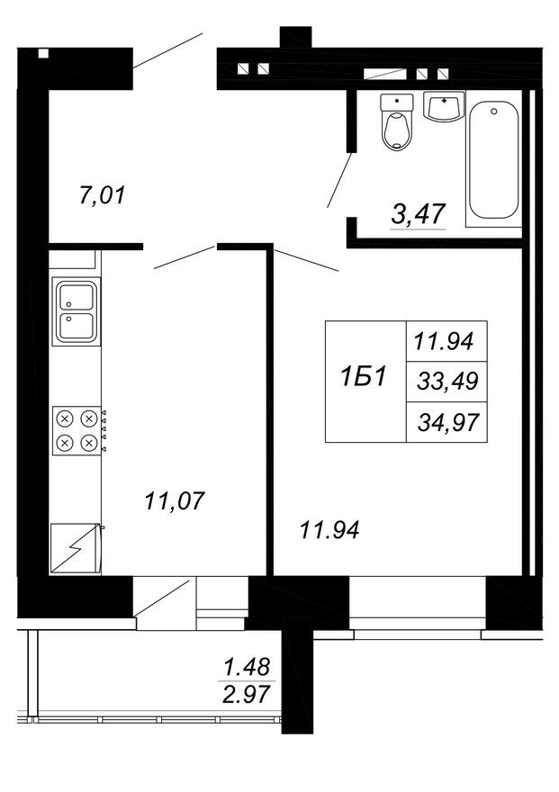 1к. квартира, 35.0 м²